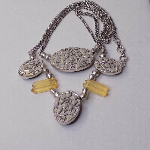 Lucky Brand Quartz Necklace Silver Tone Teal Amber Colored Two Row Reversible - Picture 6 of 9